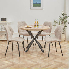 GrandCA HOME Söögilaud ja toolide komplekt, 100cm ümmargune söögilaud ja 4 moodsat linast tooli söögituppa kööki elutuppa (Light + Khaki)