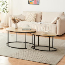 [en.casa] Madalmaad 2 diivanilaudade komplekt Kõrvallaud 2 suurust virnastatav kohvilaud Ovaalne elutoa laud Teelaud metallist raamiga kohvilaud must/tammepuust