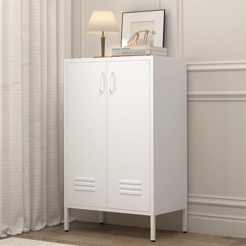 GREATMEET metallist hoiukapp, 2-ukseline metallkapp, valge akendekapp riiulitega, küljepaneel kapp elutuppa, sissepääsukappi