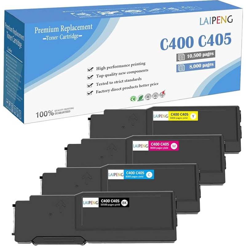 4 värvi ühilduvad toonerikassetid eriti suure tootlikkusega: 10500 lehekülge mustale ja 8000 lehekülge tsüaane-magenta-kollasele XEROX VersaLink C400 C400n C400dn C405 C405n C405dn MFP-le.