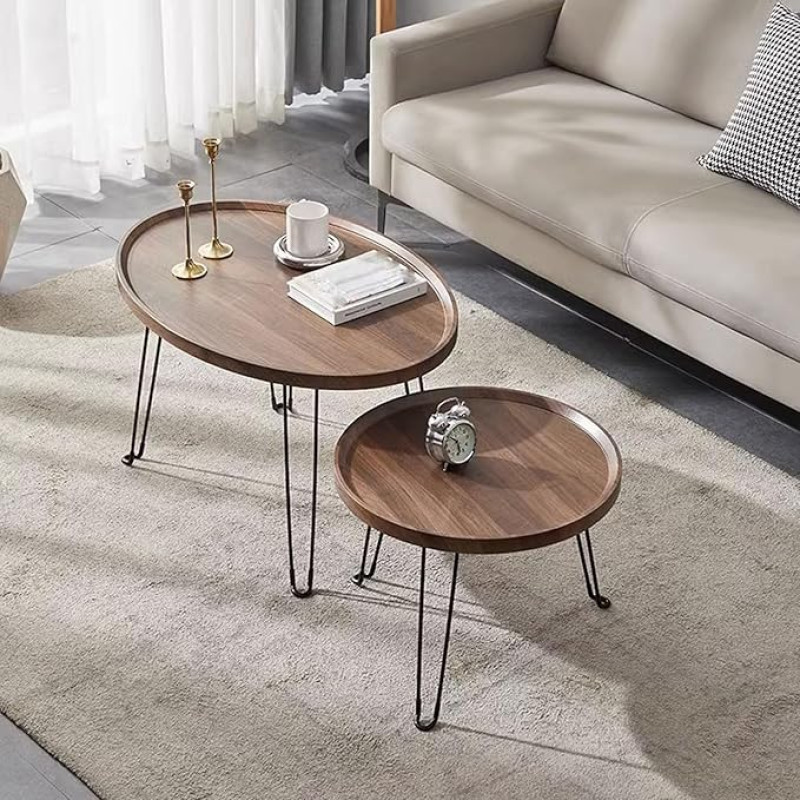 Küljelaud Kokkupandav kohvilaud Puidust elutoa laud 2-st küljelauast ovaalne suur: 55 x 80 x 48 cm Kohvilaud Ümmargune väike: 50 x 50 x 38 cm elutuppa magamistuppa (pähkelpuu, 2 tk)