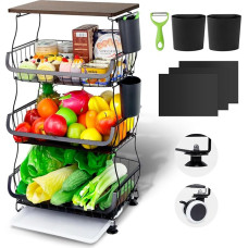 Wuciray Vegetable Rack for Kitchen, Kitchen Trolley, Fruit and Vegetables Storage with Wheels and Wooden Plate, Stackable Ventilated Vegetable Stand for the Kitchen