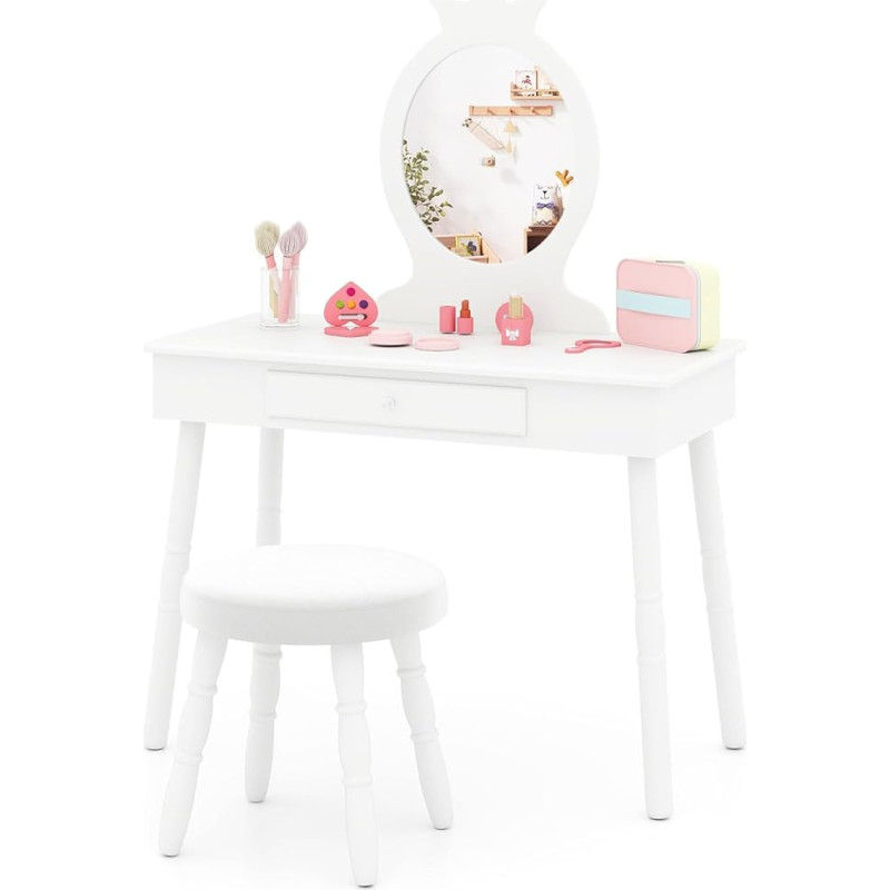 DREAMADE Children's Dressing Table with Mirror & Stool, Cosmetic Table with Drawer, Children's Dressing Table for Girls (White)