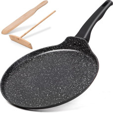 diig Crepe Pan 28 cm, Non-Stick Pan, Omelette Flat Pancake Pan with Dough Distributor and Wooden Scoop, Induction Compatible, PFOA-Free, Cast Aluminium Coated, Black