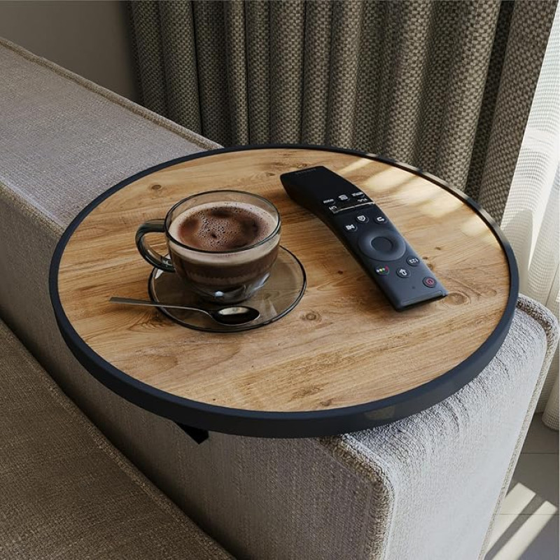 Sofa Tray Armrest, Couch Tray, Adjustable Sofa Tray, Drink Holder, Special Design Shockproof Border, Seat Set Shelf, Diameter 34 cm, Wood Look, Comfy