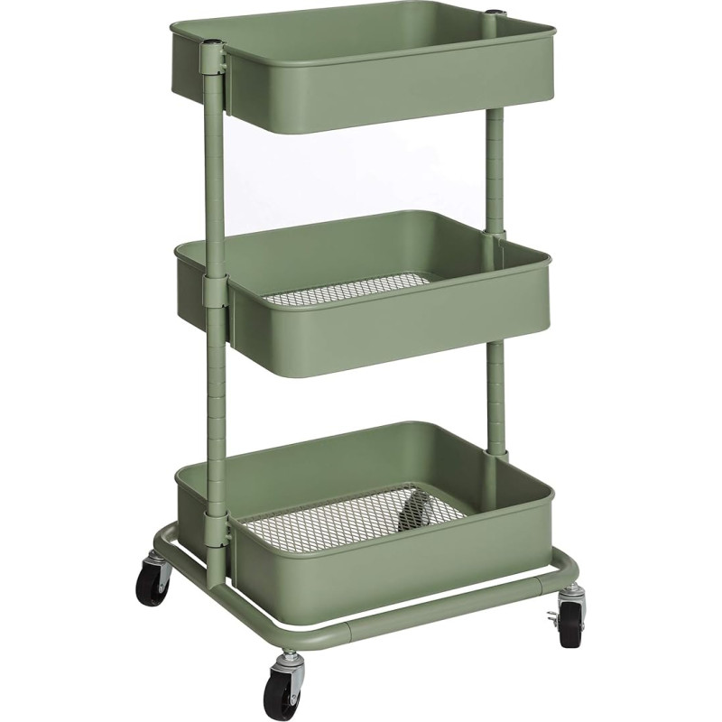 SONGMICS 3 Tier Storage Trolley Kitchen Rack with Wheels Shelves Height Adjustable Serving Trolley with 2 Brakes Easy Assembly for Bathroom Kitchen Office