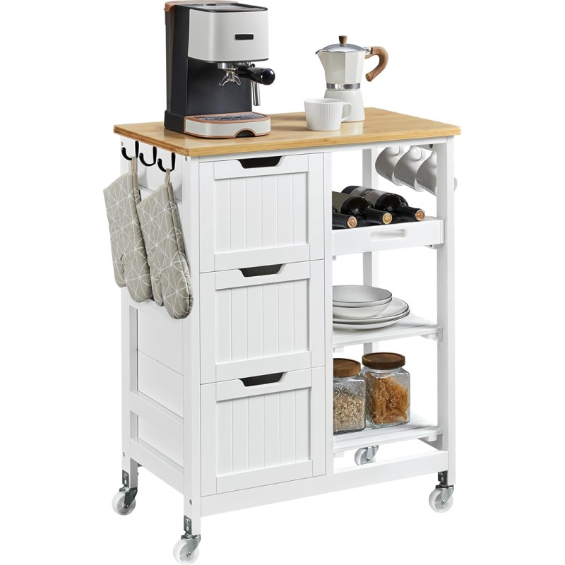 Yaheetech Movable Kitchen Islands Kitchen Trolley with 3 Drawers & 3 Storage Compartments Serving Trolley on Wheels with Brakes Trolley 67 cm L × 37 cm W × 84.5 cm H White