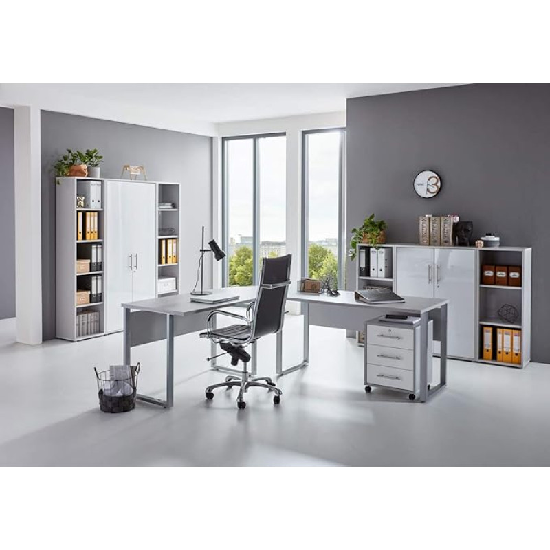BMG-Moebel.de Office Furniture Complete Set Study Office Edition in Light Grey/White High Gloss (Set 5)