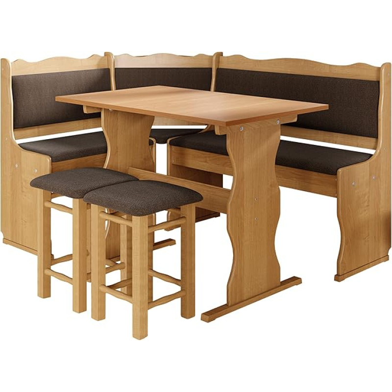 Miki Corner Bench Set, Alder Wood, Corner Bench Group Consists of Kitchen Corner Bench, 2 x Stools, Table, Choice of Colours, Dining Room Bench (Alder, Peru 05)
