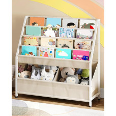 CHOEZON DTCW09WM Children's Bookcase with 4 Fabric Pockets, Toy Storage Shelf for 3-8 Years, Children's Toy Shelf for Bedroom, Children's Room, Playroom, Study, Beige