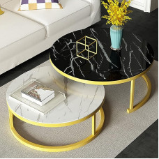 Modern Round Coffee Table, Set of 2, Nesting Tables with Tempered Glass and Metal, Gold Frame, Stylish Center and Side Tables for Living Room, 28 