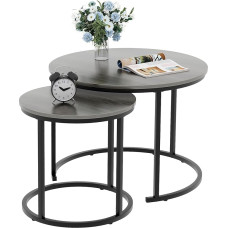 Huhote Round Coffee Tables, Set of 2 Side Tables, Side Table with Metal Frame for Living Room/Bedroom/Balcony/Office/Apartment, Diameter 60 cm (Black Frame, Grey Top)