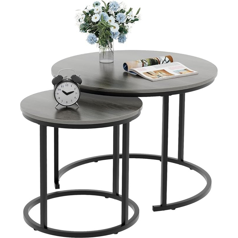 Huhote Round Coffee Tables, Set of 2 Side Tables, Side Table with Metal Frame for Living Room/Bedroom/Balcony/Office/Apartment, Diameter 60 cm (Black Frame, Grey Top)
