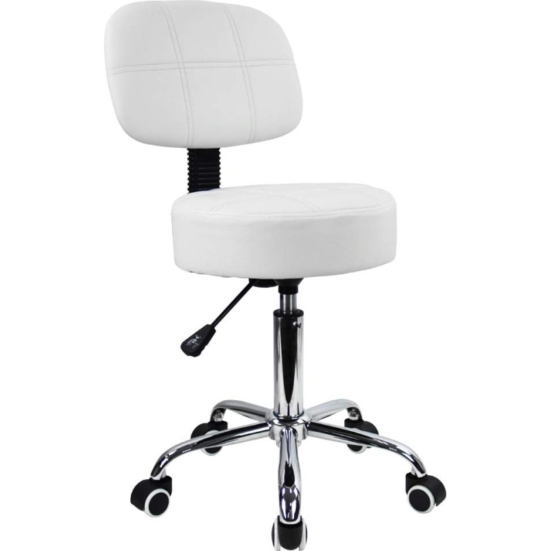 KKTONER Rolling Stool with Backrest Height Adjustable 50 - 64 cm PU Leather White