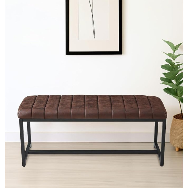 Hallowood Furniture Cullomption Brown Foam Leather Look Dining Bench & Black Metal Legs Industrial Style Dining Bench for Home & Cafe (110cm)