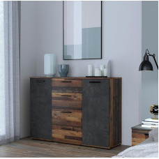 Forte ATTALYAR Chest of Drawers with 4 Drawers and 2 Doors, Wood Composite, Old - Wood Vintage/Concrete Look Dark Grey, W x H x D: 129.6 x 91.3 x 38 cm