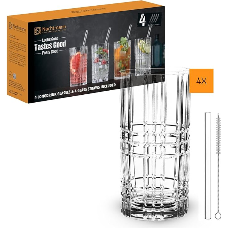 Spiegelau & Nachtmann, 9-piece long drink set, 4 x long drink glasses (445 ml), 4 x glass straws, 1 x cleaning brush, Tastes Good, 103144