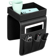 SITHON Sofa Armrest Organiser with Shelf Tray, [Non-Slip] Faux Leather Chair Couch Armrest Organiser with 5 Pockets for iPad, Magazines, Remote Control, Mobile Phone, Including Gift Box, (Black)