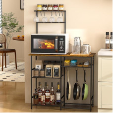 3IngSeagulls Baker's Rack for Kitchen with Storage, Microwave Stand with Adjustable Shelves and 10 S Hooks, 6 Tier Coffee Bar Station, Kitchen Racks for Condiments, Pots, Rustic Brown