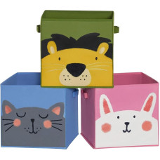 SONGMICS Set of 3 folding storage boxes, fabric boxes each with 2 handles, storage boxes, 30 x 30 x 30 cm, for children's room, playroom, animal motif, blue/green/pink RFB075P01