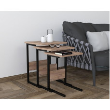 Hanah Home Stylish Nesting Table Set (3 Pieces) - Black & Atlantic Pine, 100% Melamine Coated, Iron Legs, Large: 40 x 55 x 40 cm, Medium: 36 x 50 x 36 cm, Small: 32 x 45 x 32 cm, Perfect for Modern