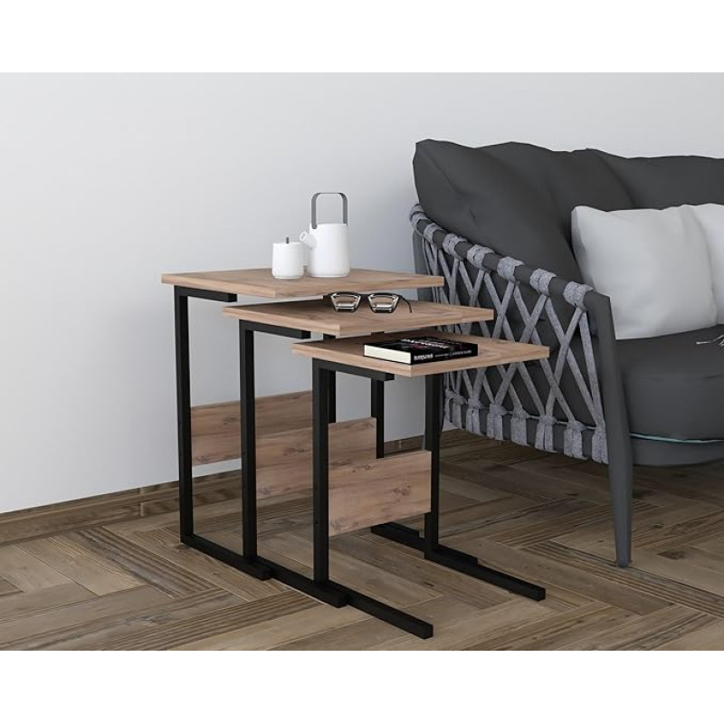 Hanah Home Stylish Nesting Table Set (3 Pieces) - Black & Atlantic Pine, 100% Melamine Coated, Iron Legs, Large: 40 x 55 x 40 cm, Medium: 36 x 50 x 36 cm, Small: 32 x 45 x 32 cm, Perfect for Modern