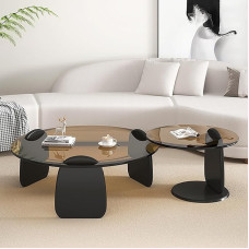 Rustic Round Glass Coffee Table Set, Nesting Tables for Living Room, Minimalist Accent End Tables for Apartment, Farmhouse, Office, Set of 2