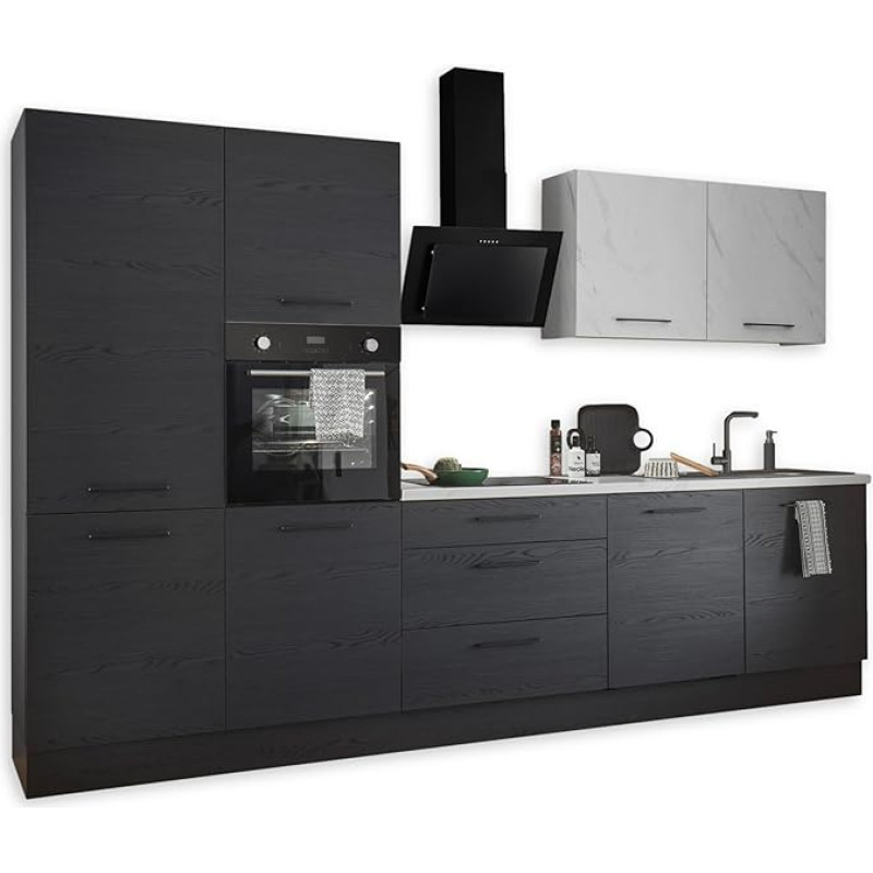 New York Modern Kitchen Unit without Electrical Appliances in Graphite Black, Marble Look, FSC-Certified, Spacious Fitted Kitchen with Lots of Storage Space, 320 x 210 x 60 cm (W x H x D)