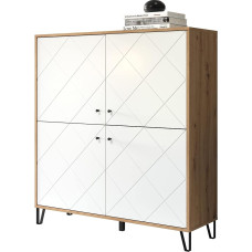 trendteam smart living - Touch - Sideboard - White/Oak - Highboard with 4 Doors and 3 Shelves - Fronts with Decorative Milling - (W x H x D) 123 x 136 x 40 cm - Extravagant Black Metal Feet