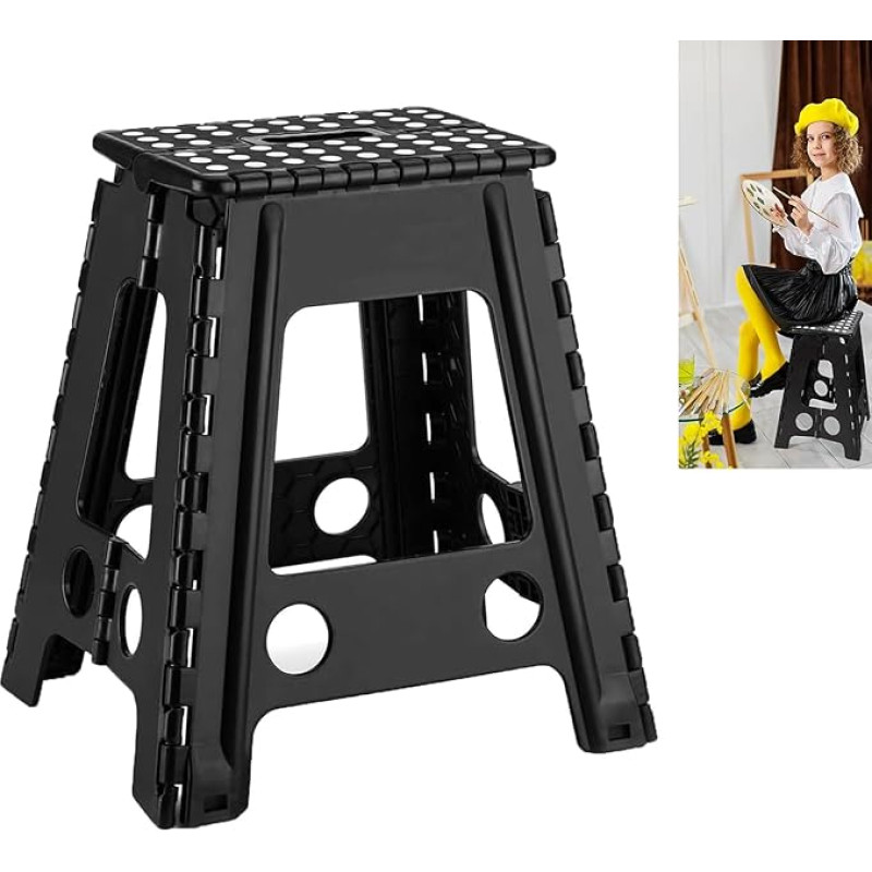 45 cm Folding Step Stool, Folding Stool for Children and Adults, Portable and Foldable Folding Stool, Footstool, Non-Slip Children's Plastic Stool for Kitchen, Bathroom and Living Room (Black)