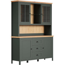 trendteam smart living - Stanton - Buffet Cabinet - Fir Green / Evoke Oak - Display Cabinet Including Lighting with 4 Doors, 3 Drawers (W x H x D) 146 x 198 x 45 cm - Country House Style