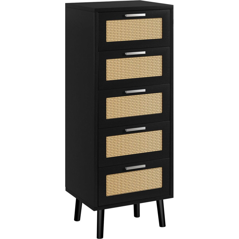 IBUYKE Kommode mit Schubladen, Rattan kleiderschrank mit 5 Schubladen, Holz Aufbewahrungsschrank, Böhmische Schrank für Schlafzimmer Wohnzimmer Flur, Schwarz WST010B