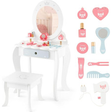 DREAMADE 2-in-1 Children's Dressing Table with 10 Pieces Play Accessories and Stool, Princess Dressing Table with Drawer and 3 Shelves, Children's Wooden Dressing Table for Girls from 3 Years, White