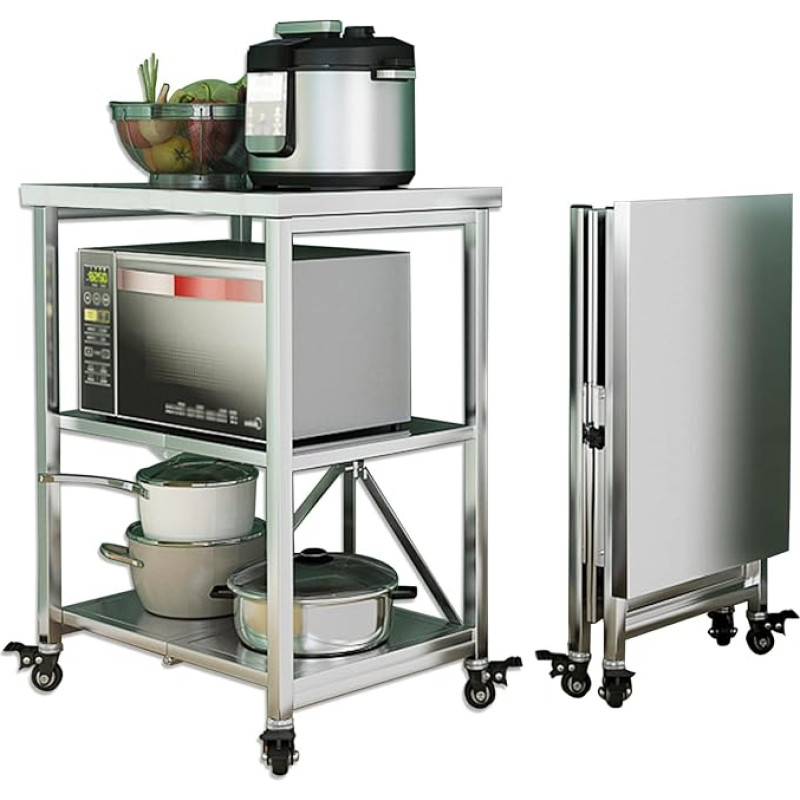 Serving Trolley, Stainless Steel, 3 Shelves, Folding Transport Trolley, Storage Shelf, Kitchen Trolley, Trolley with Wheels, Utility Trolley for Restaurant, Hotel, School, Household Trolley (Size : 60