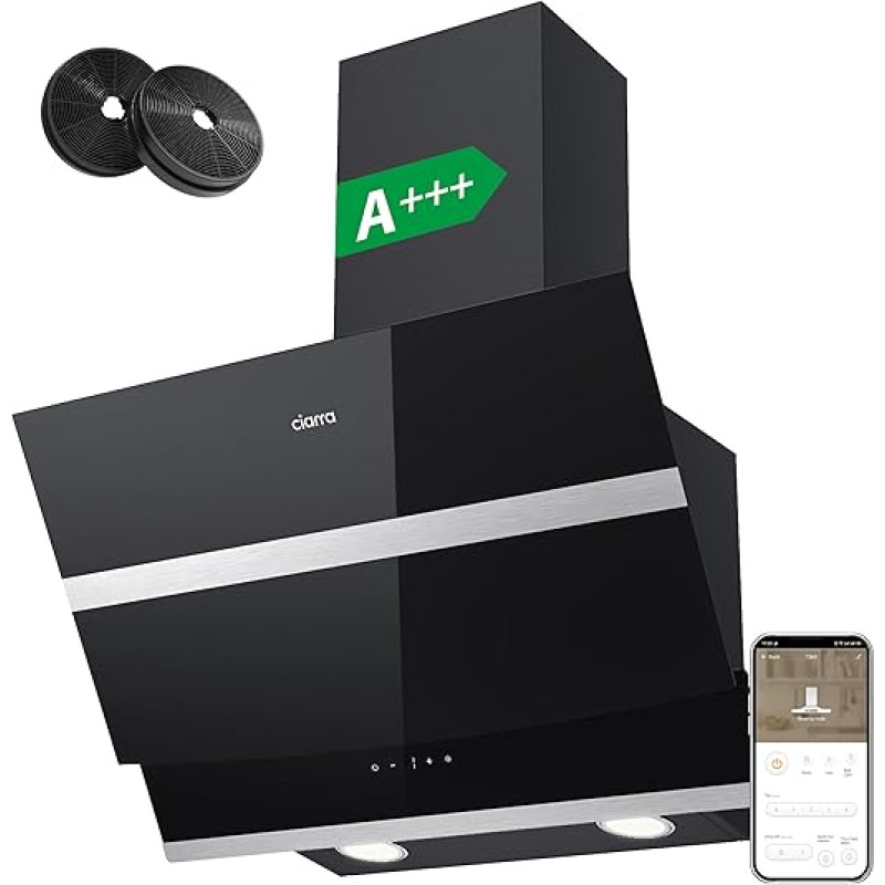 CIARRA A+++ ASB6736N Cooker Hood 60 cm Recirculation Wi-Fi App Upgrade Touch Operation Headless Slant Hood 650 m³/h Booster Dimmable LED Lighting Exhaust Air with CBCF003 Activated Carbon Filter Black