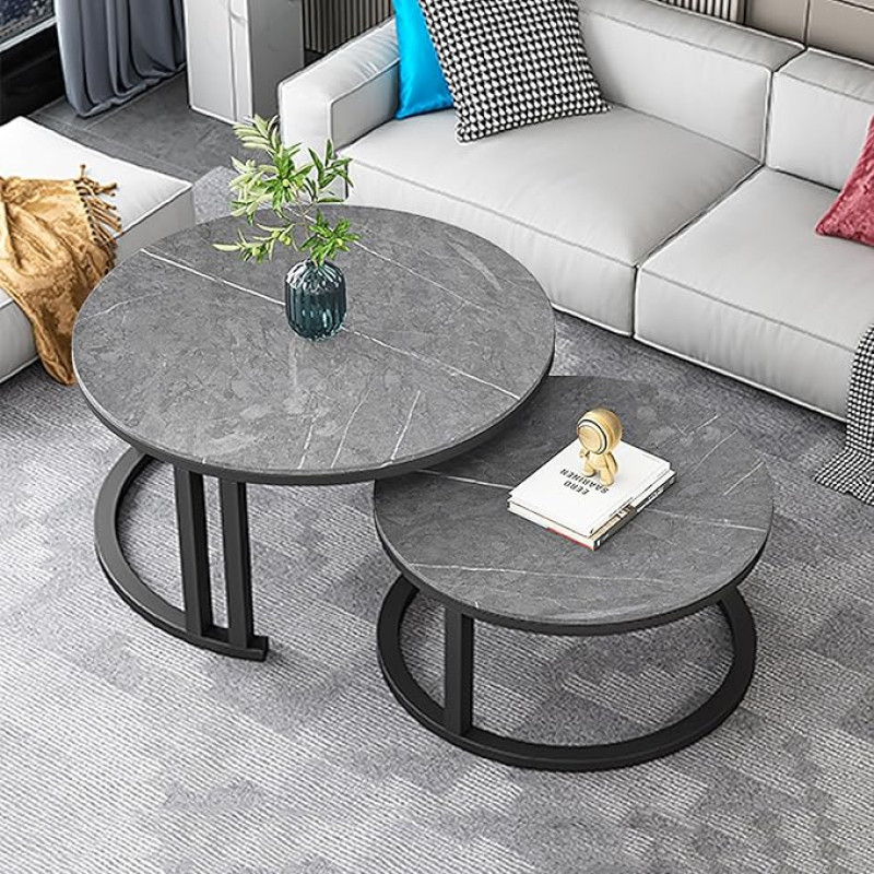 Modern Round Marble Coffee Table Set of 2 Nesting Tables for Living Room and Home Office