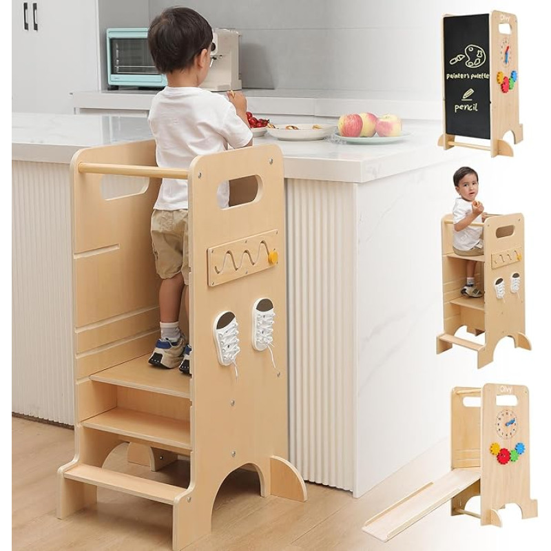 Olvy Kids 4-in-1 Montessori Learning Tower - Learning Tower - Wooden Step Ladder - Children's Step 4 Steps - Kitchen Tower Children - Standing Learning Tower from 1 Year - Children's Stairs Foldable