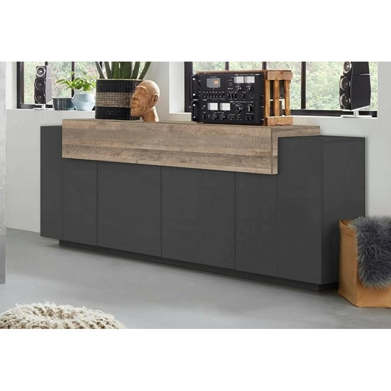 Dmora - Loris Chest of Drawers, 4-Door Kitchen Sideboard, Living Room Buffet, 100% Made in Italy, 220 x 45 x 86 cm, Anthracite and Maple