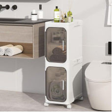 KHNR Narrow Bathroom Cabinet with 2 Levels and Wheels, 20 x 33 x 67 cm, Foldable, Magnetic Door, Waterproof & Mildew Resistant, White with Transparent - PP Plastic Shelf with Shelves