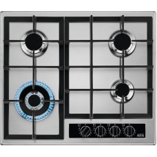 AEG 6000 Slim Line Gas Hob with Wok Burner, 60 cm, 4 Burners, Step Power, Speed Burner, Powerful Wok, Integrated Ignition, Flame Control Levels 1-9, Cast Iron, 594 mm