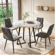 Merax Round Dining Table, Marble Pattern Dining Table, for 2-4 People, Metal Frame, Adjustable Table Legs, Industrial Design, Suitable for Restaurant, Living Room, Kitchen, Dining Room, White/Black