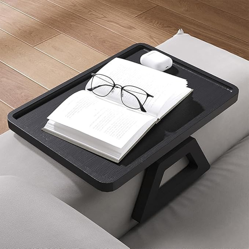 Clip on Sofa Tray Armrest with Non-Slip Rubber and Sturdy Legs, Large Tray for Drinks, Snacks and Daily Needs - Stylish and Practical Living Room Accessory (Black)