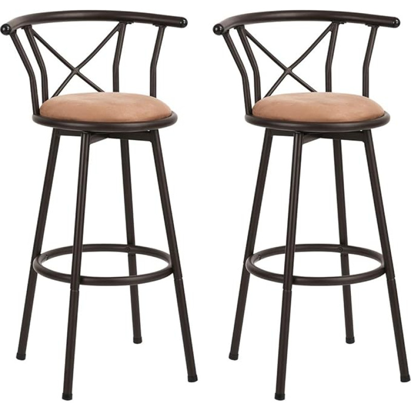 MEUBLE COSY Set of 2 Bar Stools Swivel 75.5 cm High Swivel Chairs with Footrest Backrest and Suede Seat for Dining Room Kitchen Counter Bar Industrial Style Brown