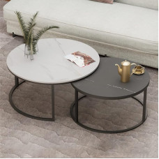 Moderne runde Couchtische 2er-Set – Nesting Side Tables for Living Room Decor Sturdy Metal Frame Sintered Stone Top - Platzsparende Cocktailtische für Schlafzimmer & Wohnzimmer