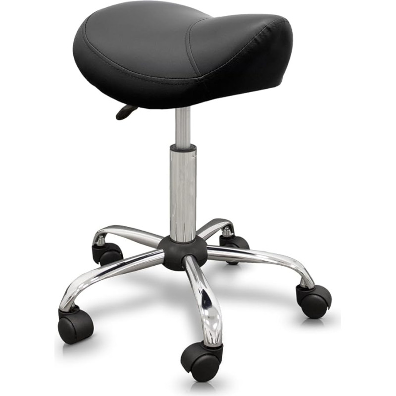 QUIRUMED Pony Stool Ergonomic Steel Frame Black Colour Faux Leather Padding Height Adjustable Padded Seat Swivel Wheels 150kg