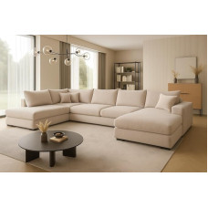 A&J MöbelLand Fabio Corner Sofa 328 x 182 cm with Sleep Function, Bonell Spring Core and Bed Box in Beige - Modern Sofa Bed with Storage Space