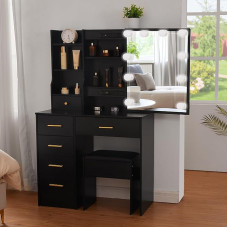 LIANWANG Dressing Table with LED Lighting, 3 Colour Temperatures and Adjustable Brightness, Dressing Table with Mirror and Stool, 6 Drawers, Modern, 131 x 80 x 36 cm, Black