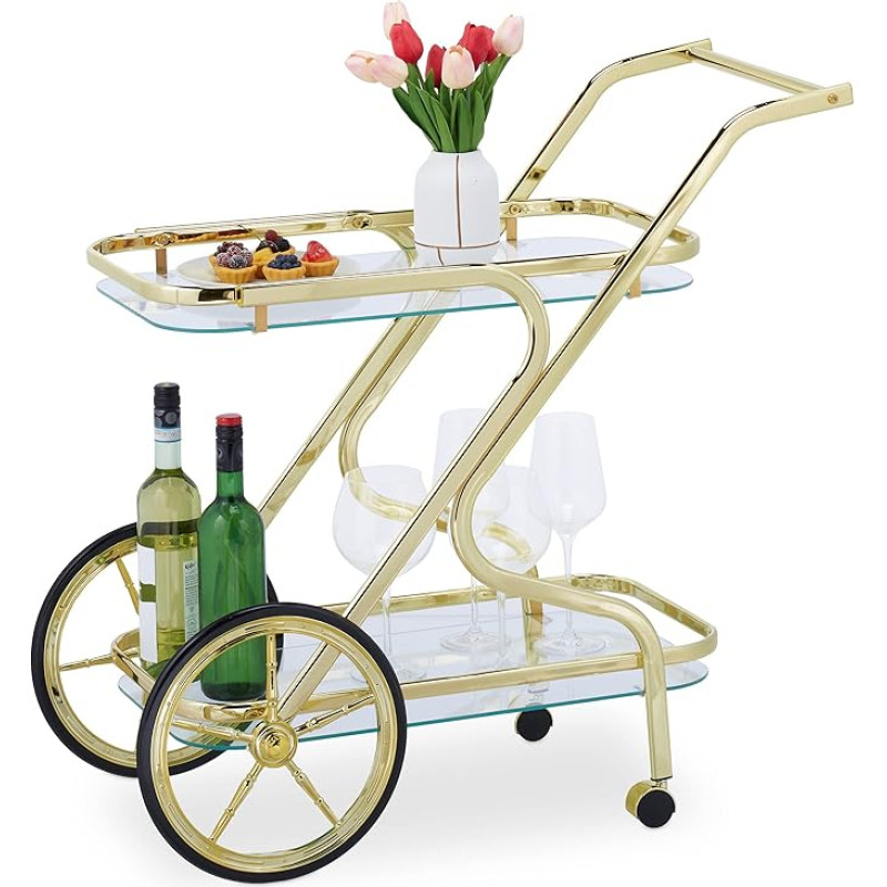 Relaxdays Serving Trolley, 2 Levels, Kitchen Trolley with Wheels & Wheels, Glass & Iron, H x D: 80 x 43 x 85 cm, Bar Trolley, Brass