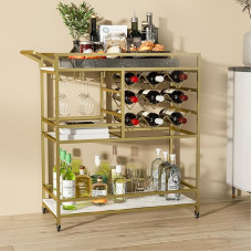 DAWNYIELD 3-Tier Mobile Wine Cart,Bar Serving Cart on Wheels with Wine and Glass Racks, Modern Rolling Wine Storage Cart for Home Kitchen Parties (Gold)
