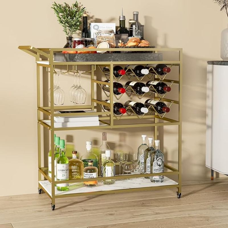 DAWNYIELD 3-Tier Mobile Wine Cart,Bar Serving Cart on Wheels with Wine and Glass Racks, Modern Rolling Wine Storage Cart for Home Kitchen Parties (Gold)